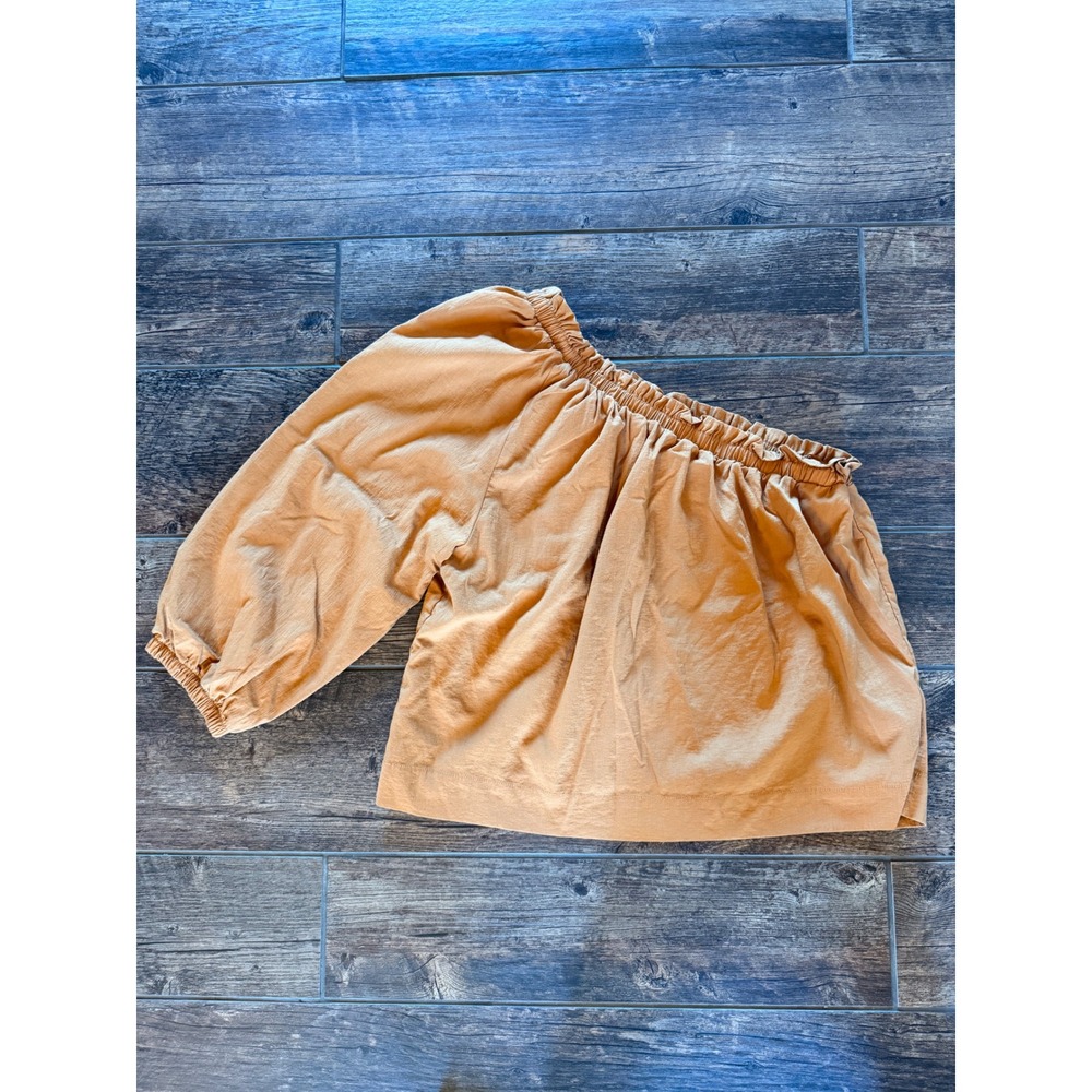 Evereve Womens One Shoulder Puff Sleeve Blouse Camel Tan Top - Picture 1 of 6